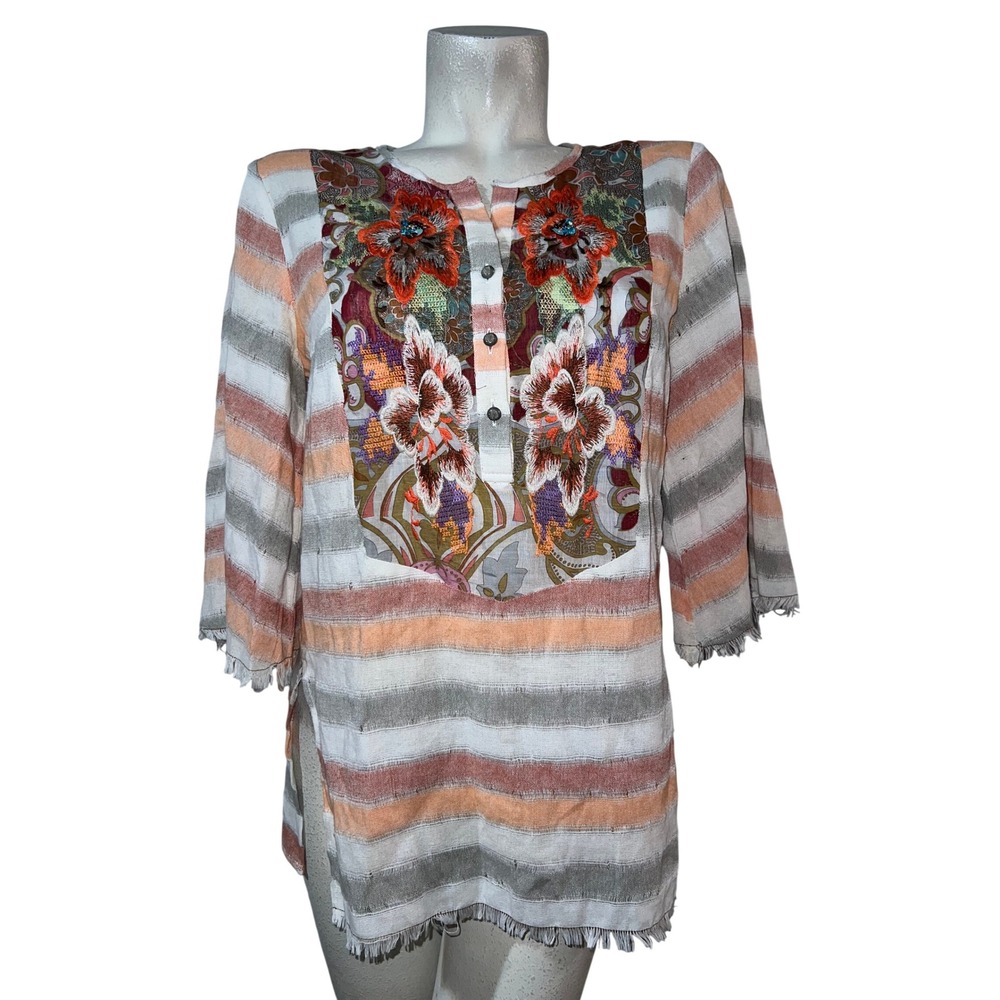 Aratta Silent Journey Top Womens Size S Striped Floral Embroidered Tunic Shirt